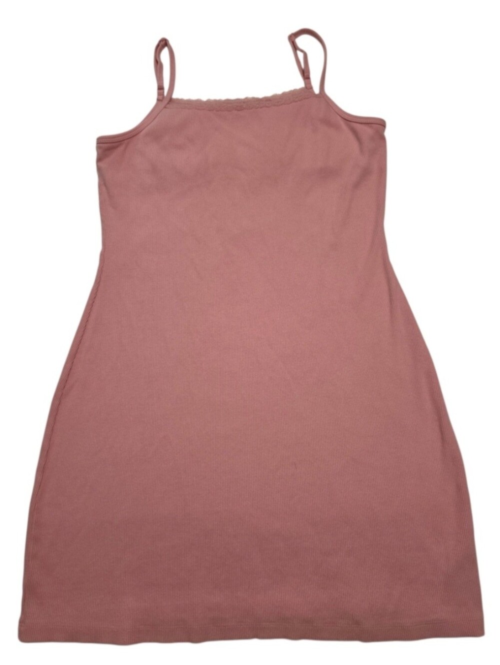 Aerie Pink Ribbed Soft Girl Cami Mini Dress With Lace Trim Sz L